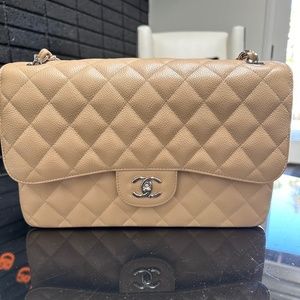 Chanel Beige Quilted Caviar Jumbo Double Flap Bag Silver Hardware